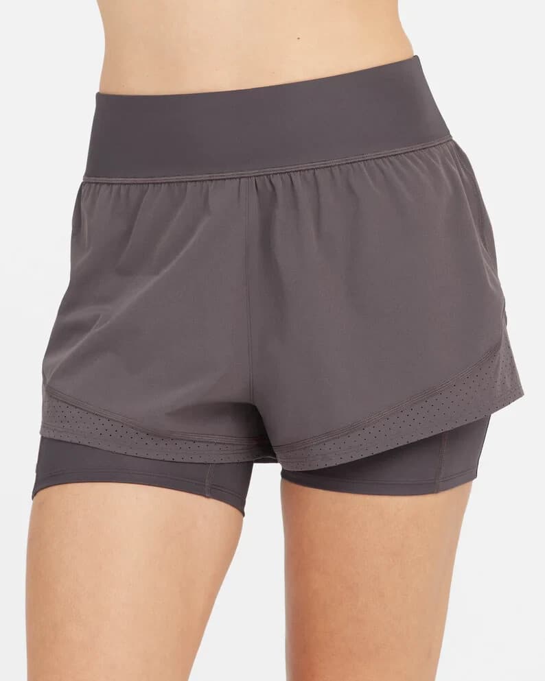 Spanx The Get Moving Tennis Workout 5" Shorts Layer Pockets Graphitie Dust Sz.XS