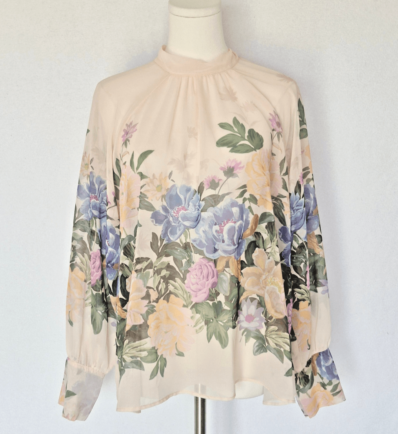 Zara Floral Sheer Chiffon High Neck Blouse Tie-Back Long Sleeve Ivory Pink Sz.XS