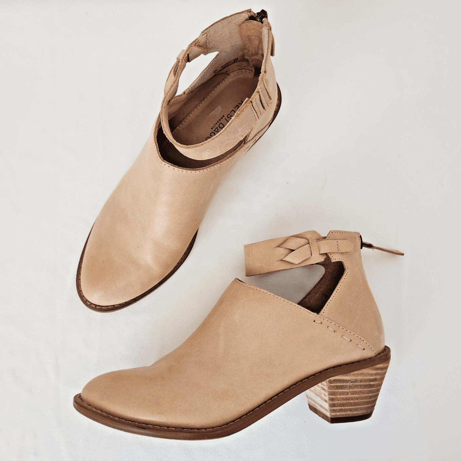 Kelsi Dagger Brooklyn Kadeeja Tan Leather Ankle Boots Zipper 2" Stacked Heel US7