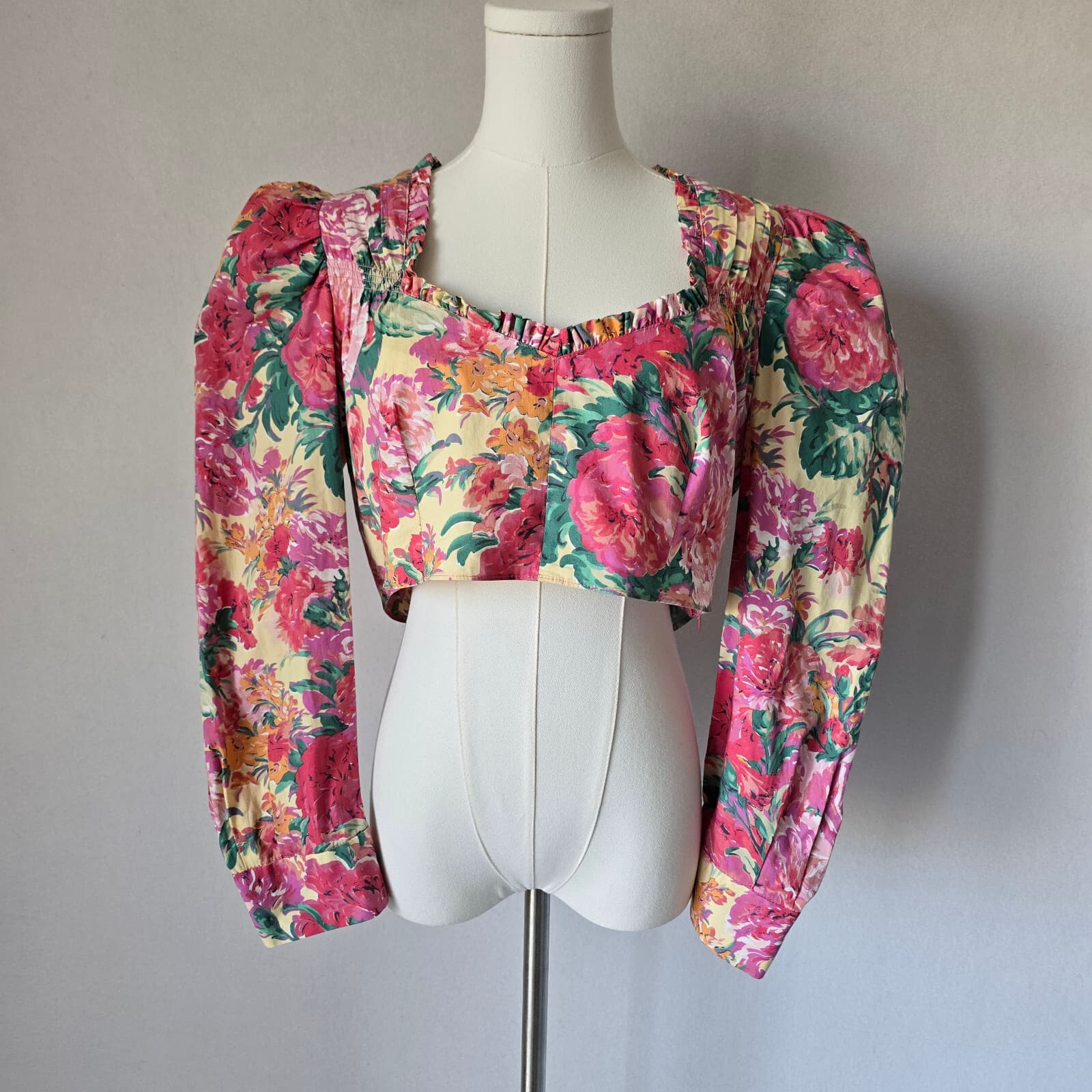 ZARA Floral Retro Cropped Top Long Sleeve Ruffle Sweetheart Neck Pink Cotton XL