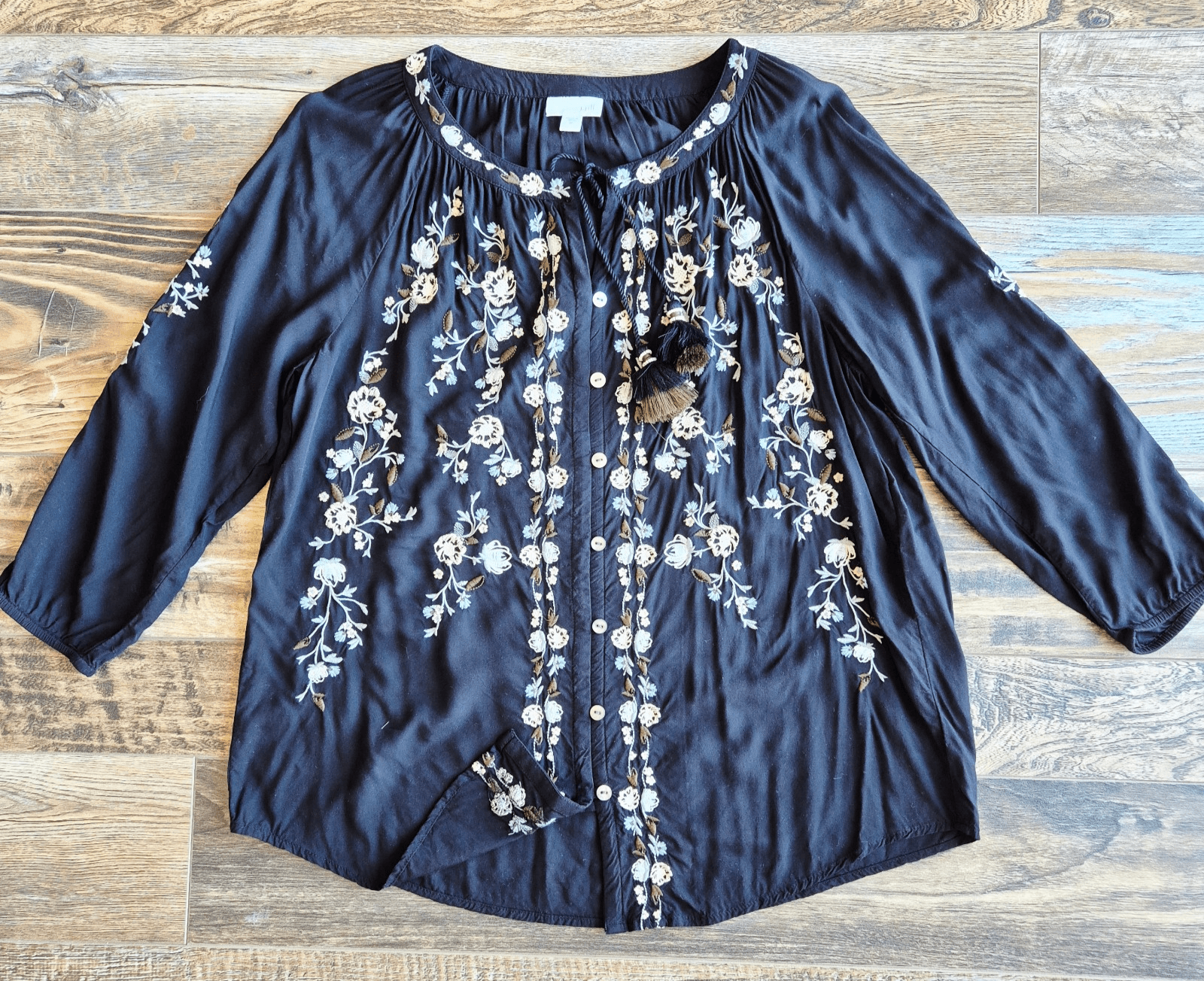 J.Jill Embroidered Peasant Blouse Tassel Button-Up 3/4 Sleeve Rayon Black Sz.M