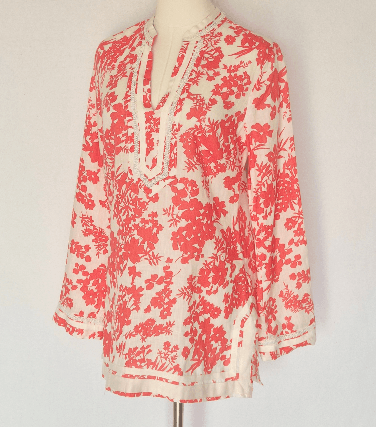 Malvin I Love Linen Pink Floral Tunic Blouse Popover V-Neck Long Sleeve Size M