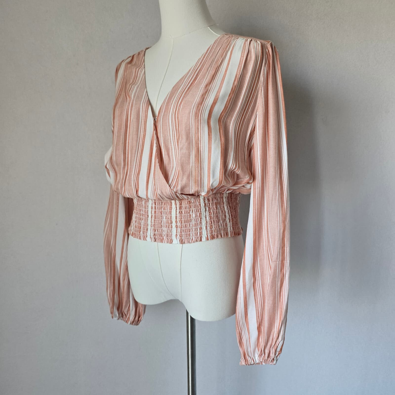 PAIGE Naja Surplice Smocked Waist Blouse Long Sleeve Stripe Ivory Cinnabar Sz.M