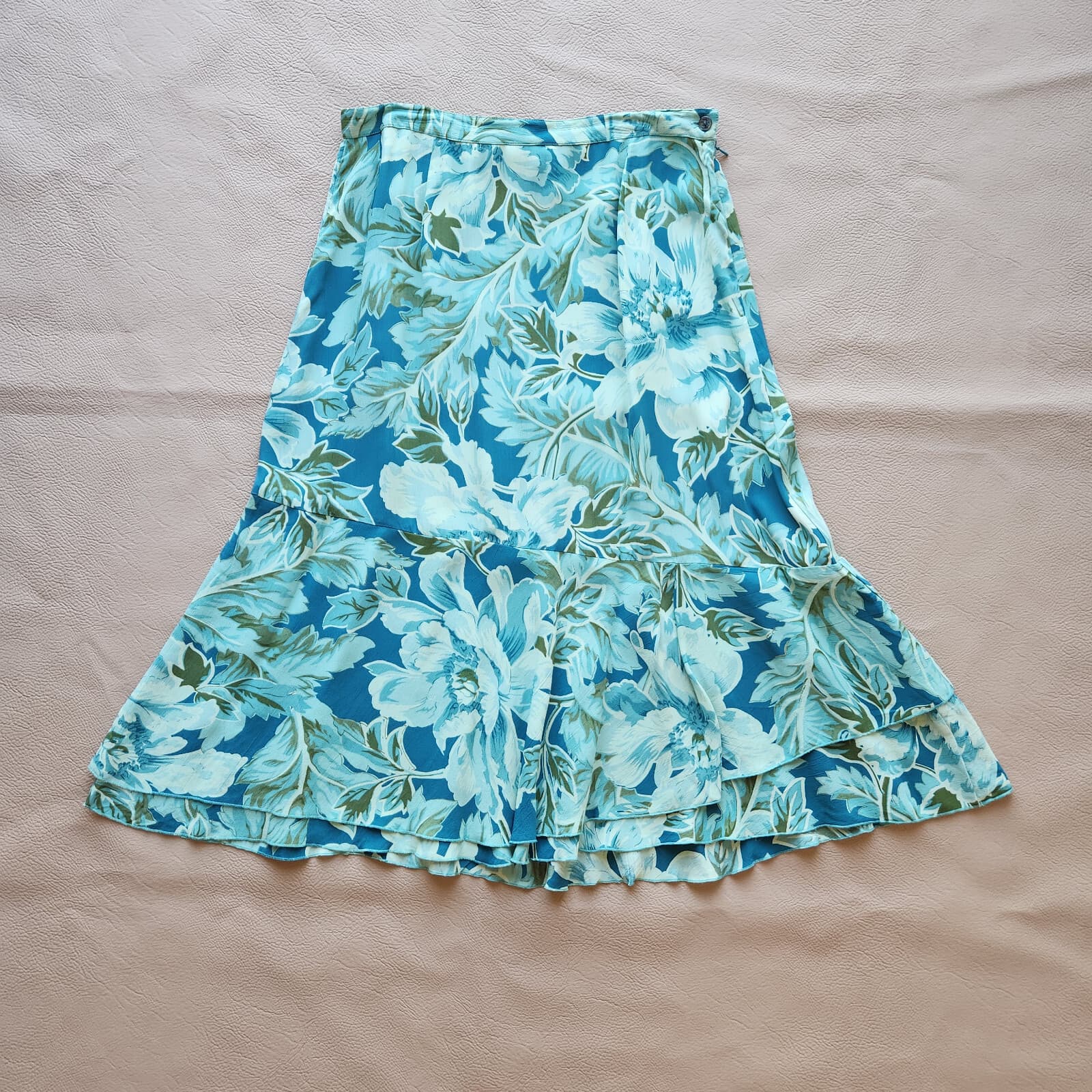 Vintage April Cornell Chiffon Floral Layer Midi A-Line Skirt Green Blue Womens M