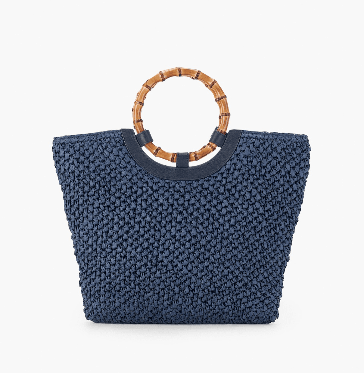 NWoT Talbots 100% Paper Straw Round Bamboo Handle Leather Trim Tote Bag Blue