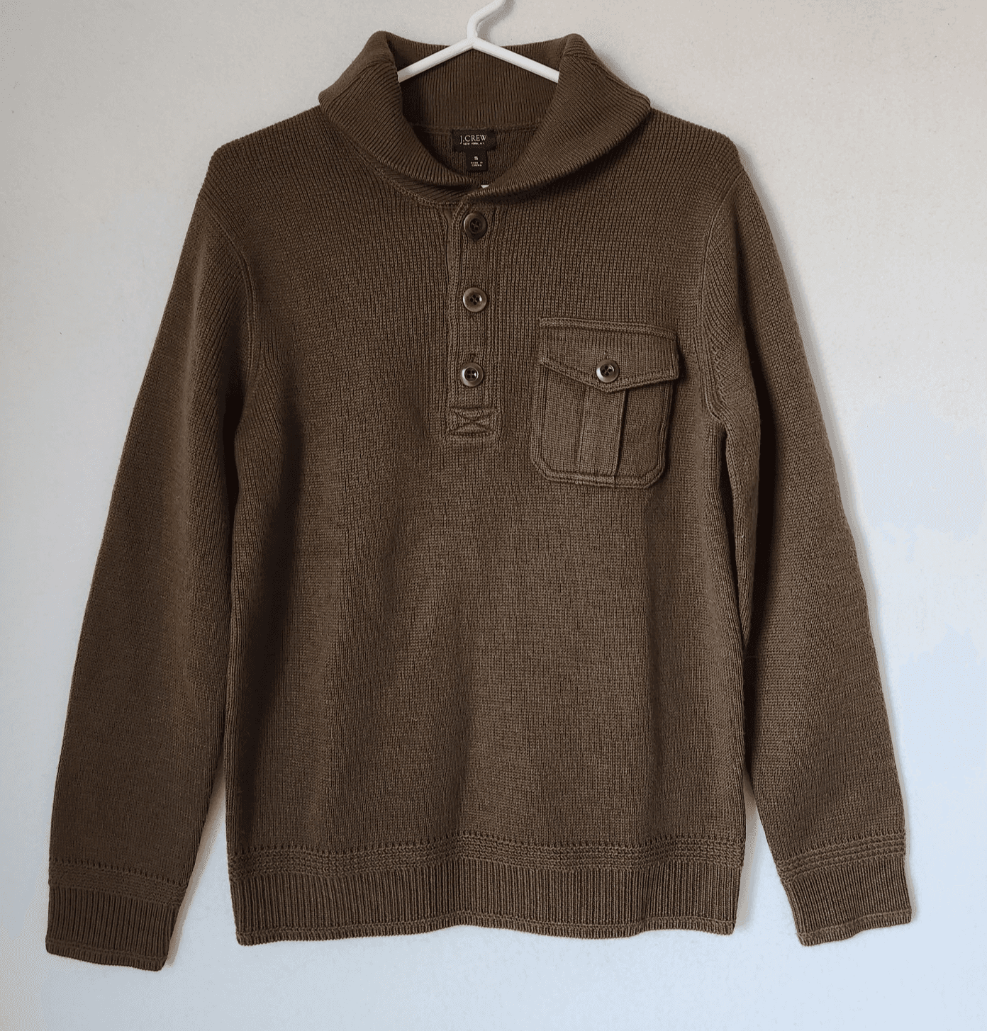 J.Crew Rugged Wool Sweater Shawl Collar 1/4 Button Pocket Olive Green Men's S