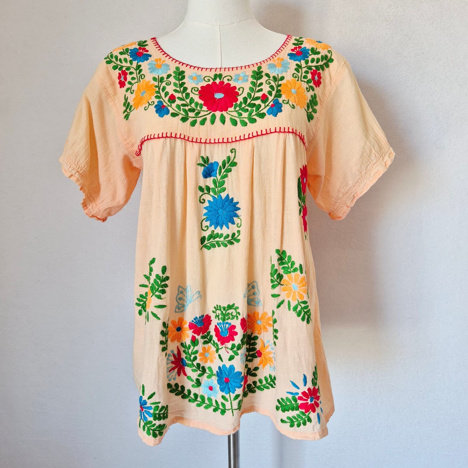 SIREN Mexican Camisa Blusa Floral Embroidered Blouse Short Sleeve Orange Bust 37