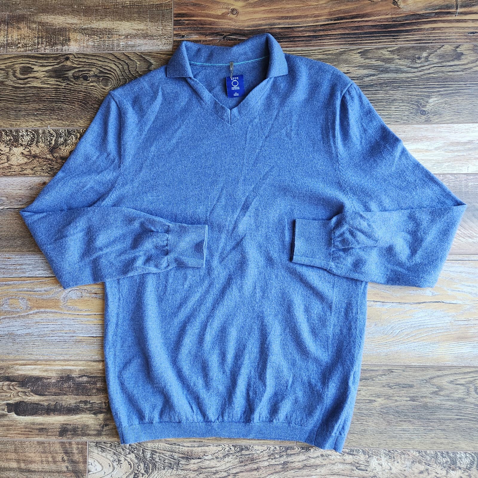 EFM Engineered for Motion by Donrad Duncan Wool Sweater Collar V-Neck Blue Men L