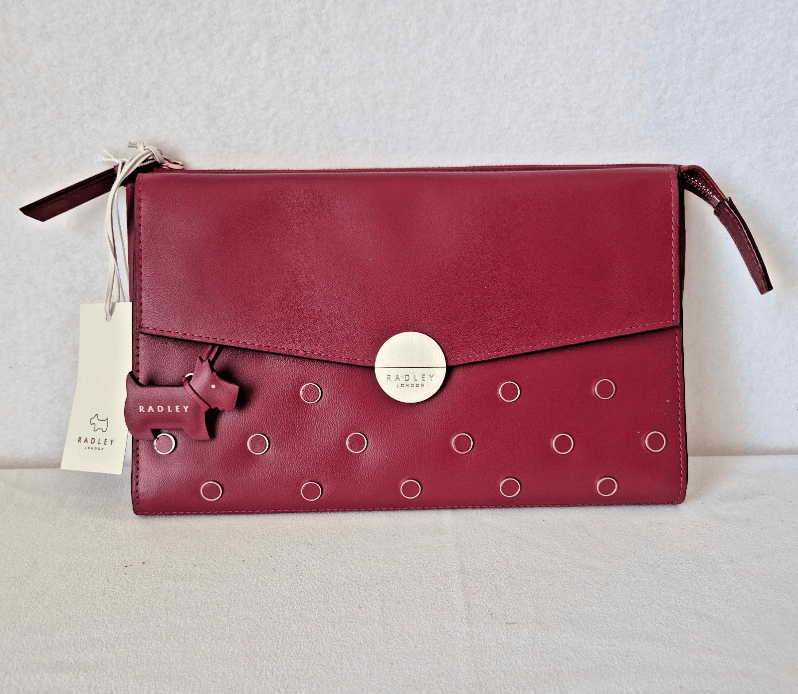 NWT Radley London Broad Street Studded Red Berry Leather Clutch Bag Zip/Snap