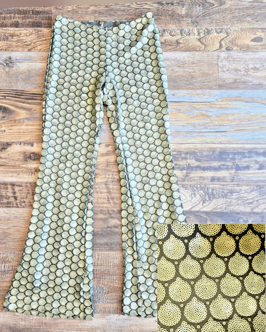 NWoT Free People Wilder Days Sequins 1970s-Retro Flare Pants Pullon Green Sz.2