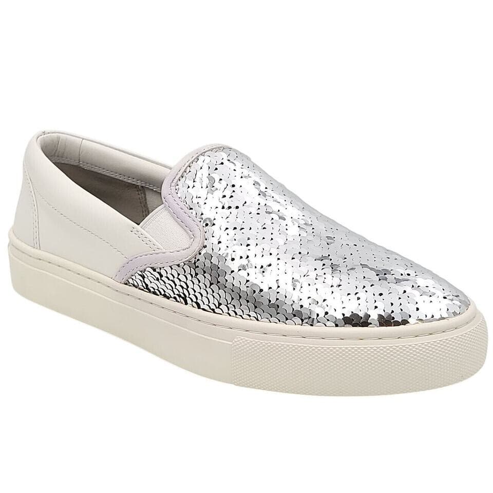 Tory Burch Carter Silver Sequin Embellished Slip On Sneaker White Leather US9.5M