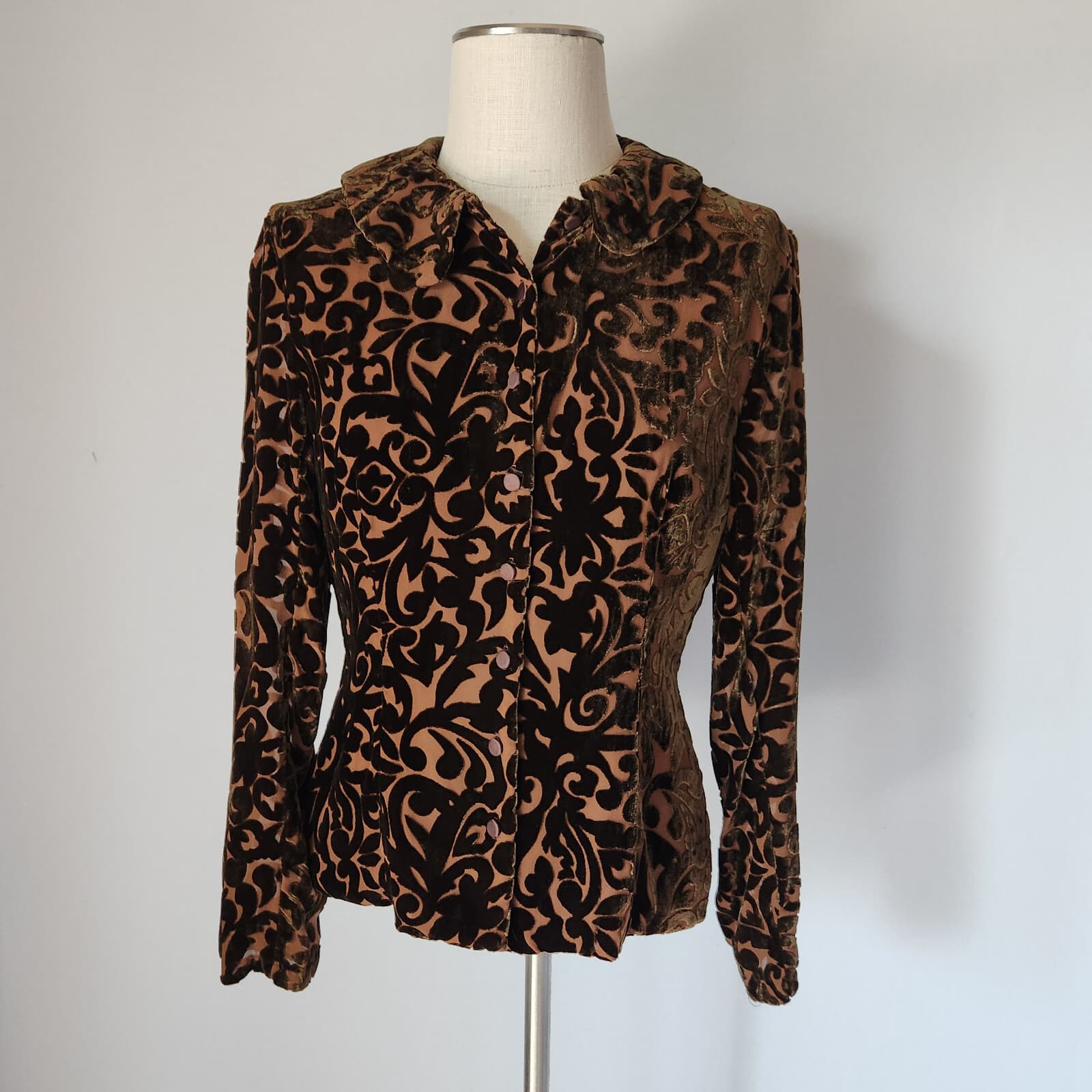 Wah Maker True West Burnout Velvet Shirt Button Long Sleeve Silk Blend Brown M