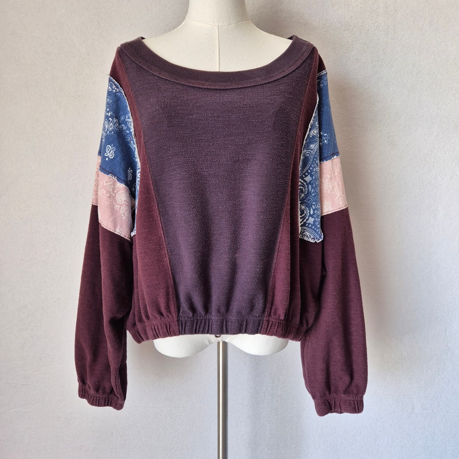 Free People Movement Patchwork Oversize Sweatshirt Long Sleeve Red Brown Sz.M