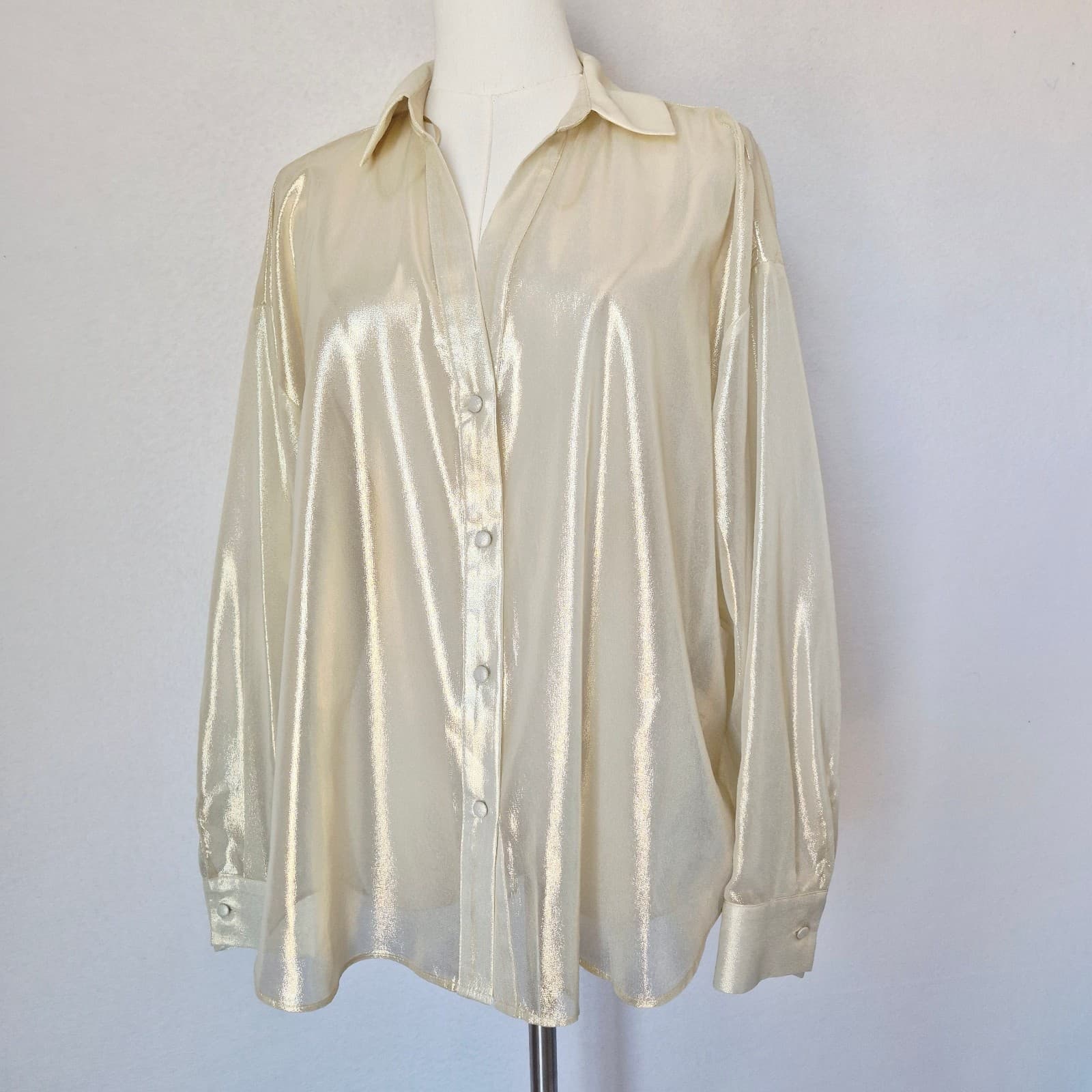 NWT ZARA Semi Sheer Gold Metallic Button-Down Boxy Shirt Long Sleeve Women's L