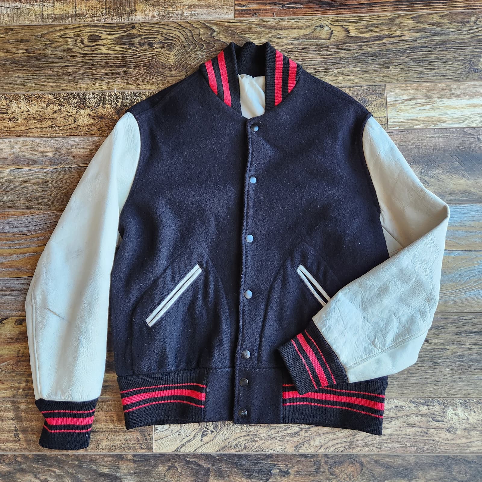 Vintage Lasley Knitting Wool Leather Varsity Letterman Jacket Black White Men 40