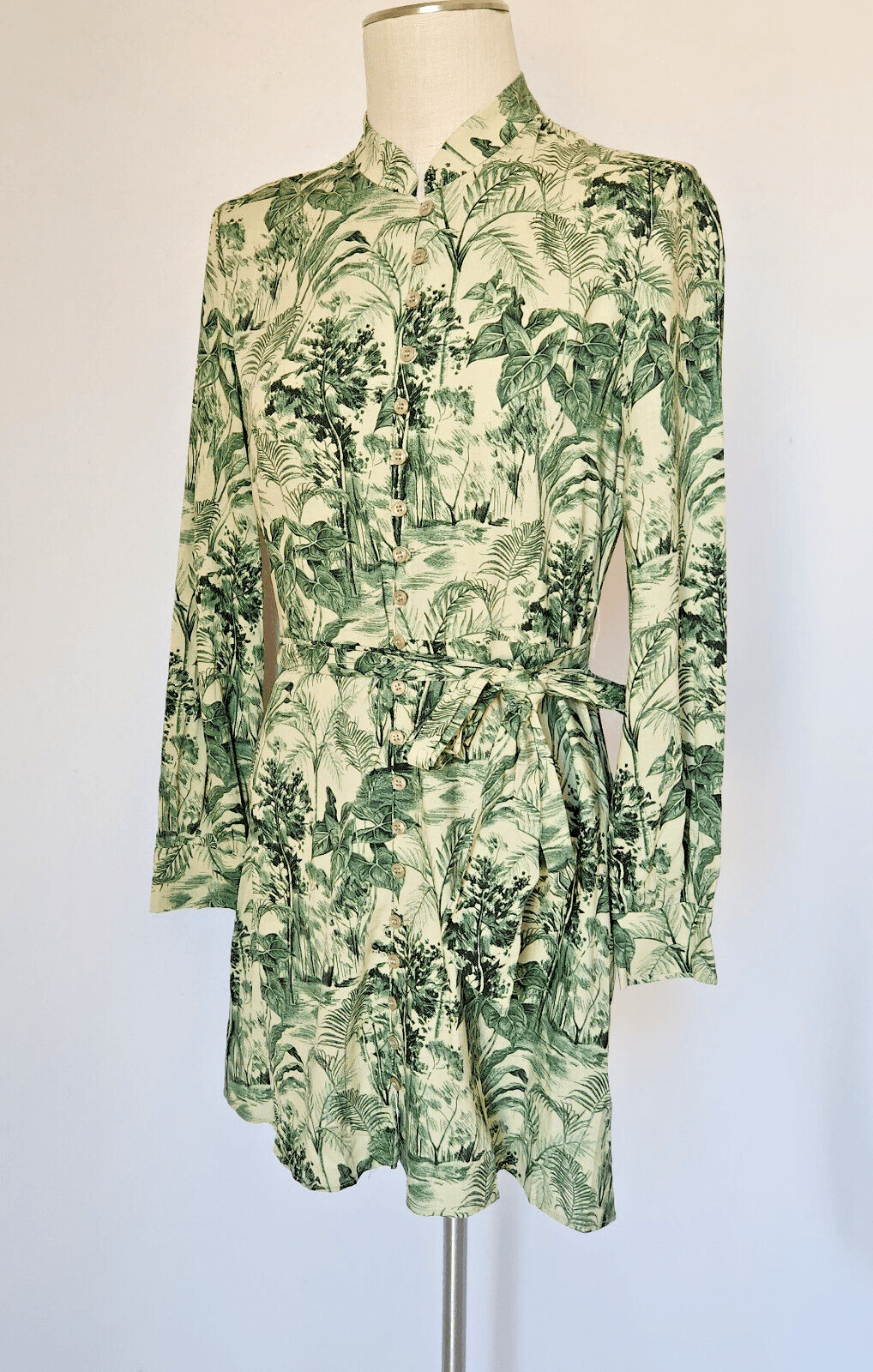 Zara Linen Blend Tropical Leaf Belt Mini Dress Long Sleeve Mandarin Button Sz.M