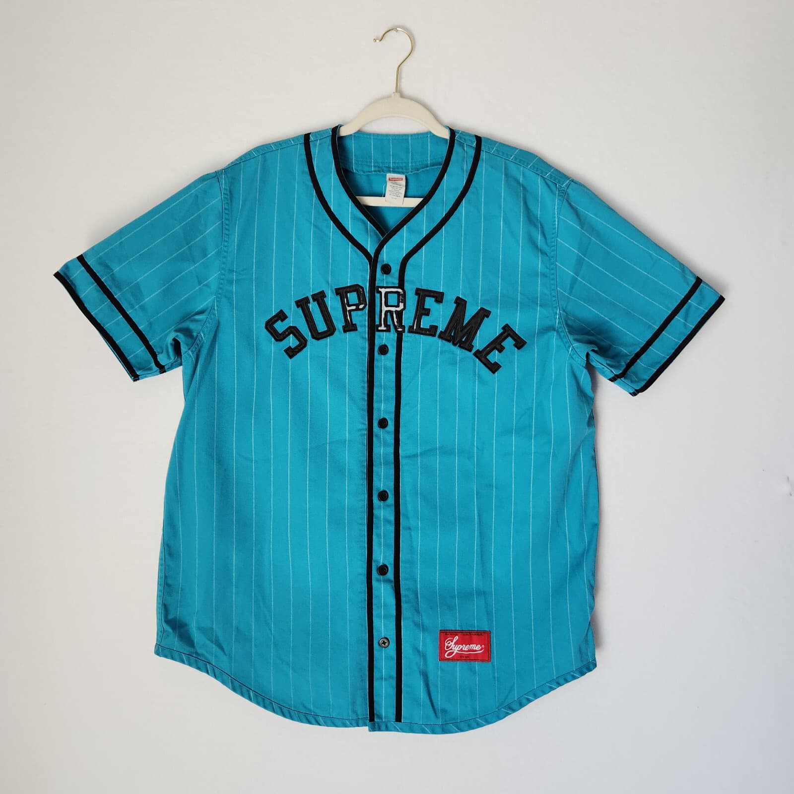 Supreme Pinstripe Baseball Jersey Yankees Button Short Sleeve Peal Blue Green XL