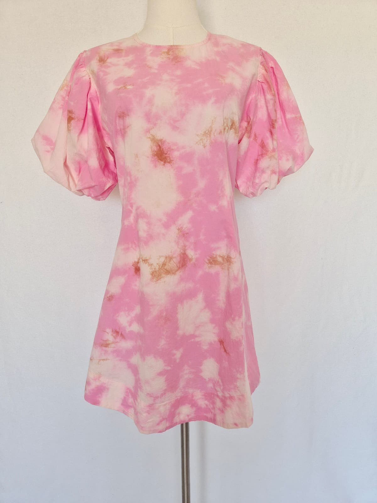 NWT Talulah Dazed Tie-Dye Puff-Sleeve Mini Dress 100% Cotton Pink Beige Womens S