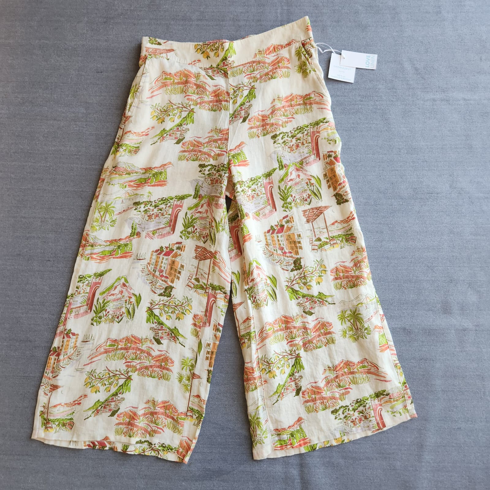 NWT Cynthia Rowley 100% Linen Printed Wide-Leg Pull-On Capri Pants Pocket Sz.L
