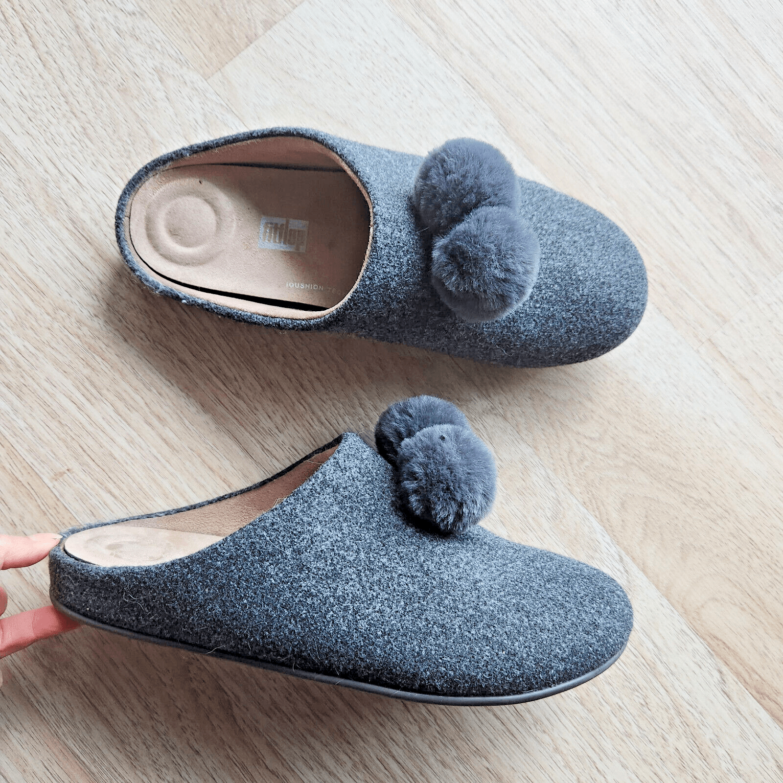 Fitflop Chrissie Pom Pom Felt Comfort Sippers iQushion Padded Grey Women's US8
