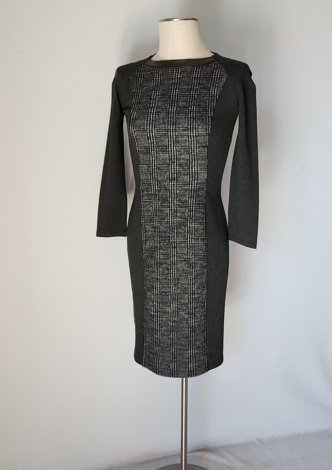 MaxMara Weekend Wool Leather Trim Midi Dress Long Sleeve Black Grey Sz.S