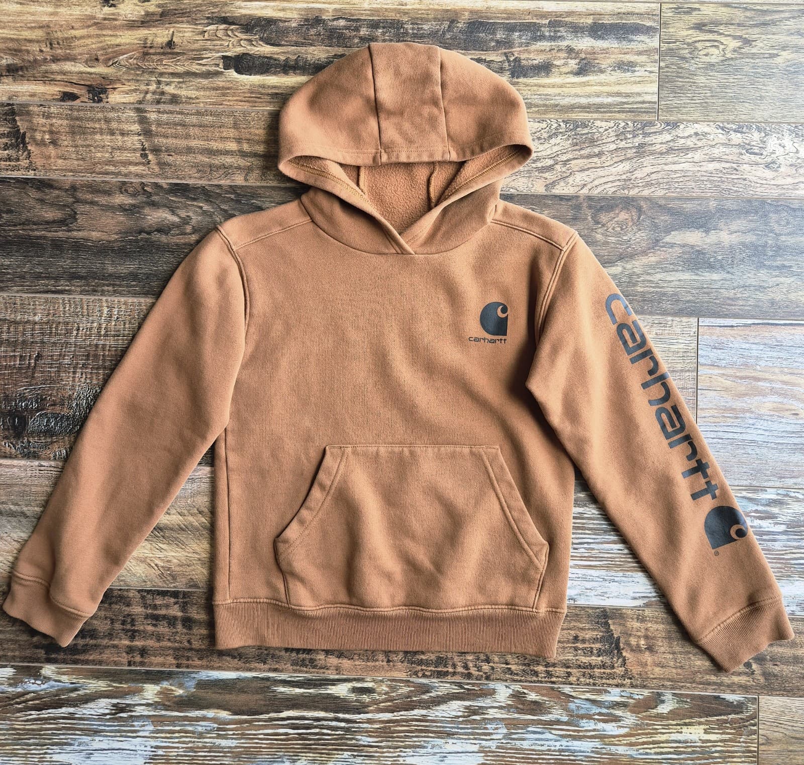 Carhartt Boys M (10-12) Hooded Fleece Lined Sweatshirt Long Sleeve Pocket Brown
