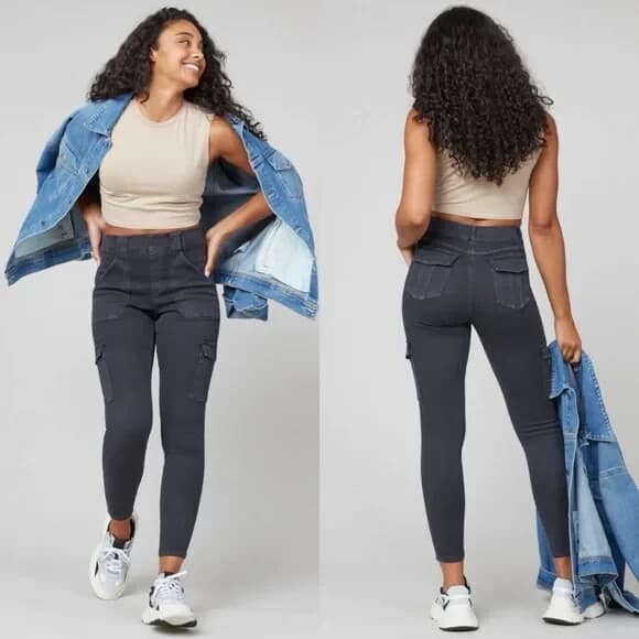 Spanx Stretch Twill Ankle Cargo High Rise Pants Pull-On Washed Black Women's L