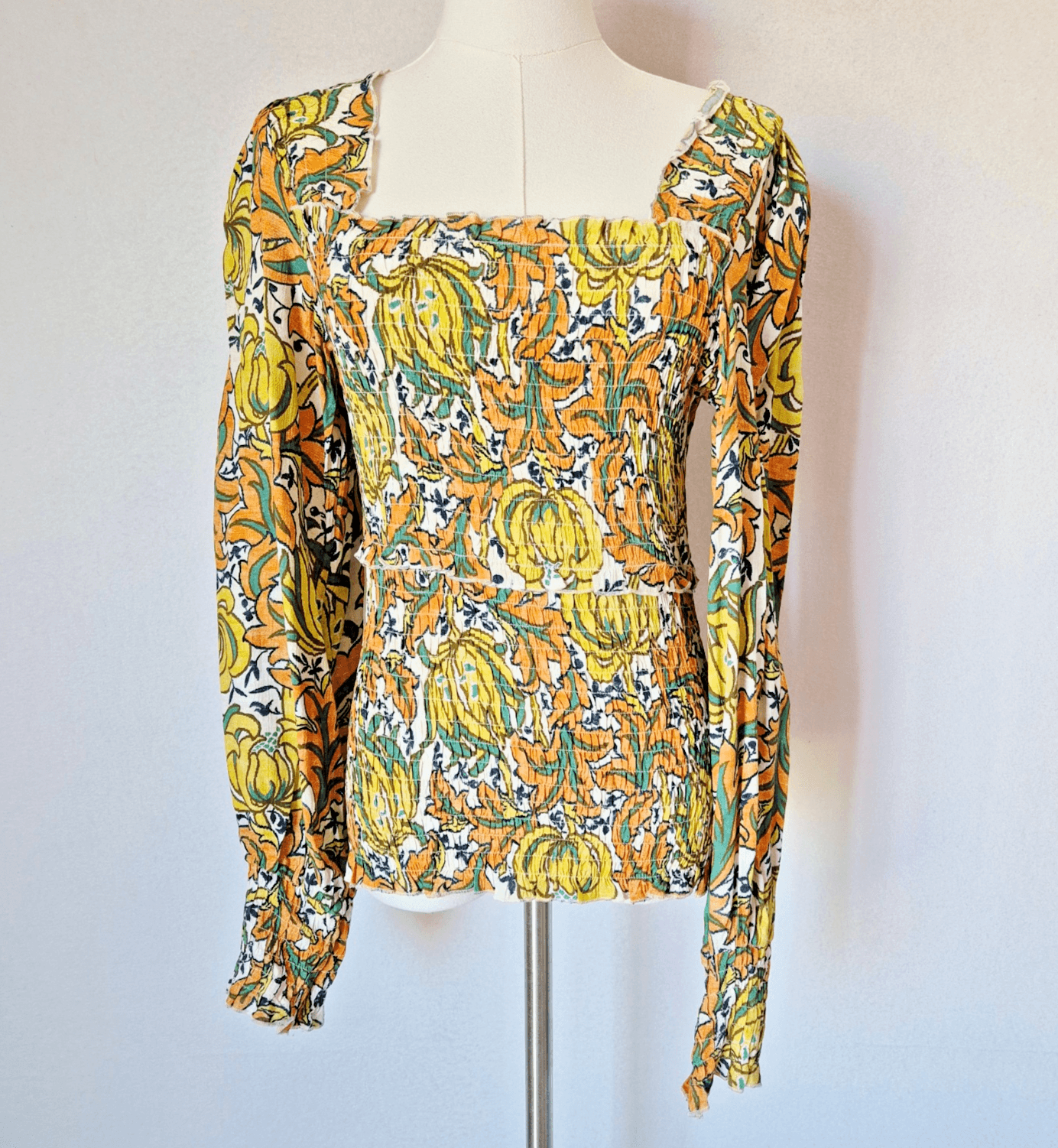 NWT Anthropologie $98 The Rayna Floral Smocked Top Long Sleeve Square Neck Sz.M