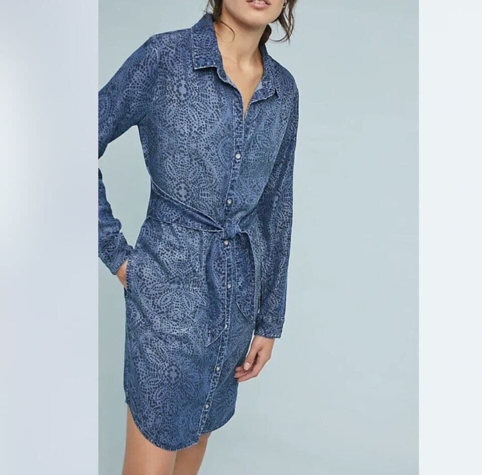 Cloth & Stone Anthropologie Blue Chambray Floral Shirt Dress Tie Waist Womens PL