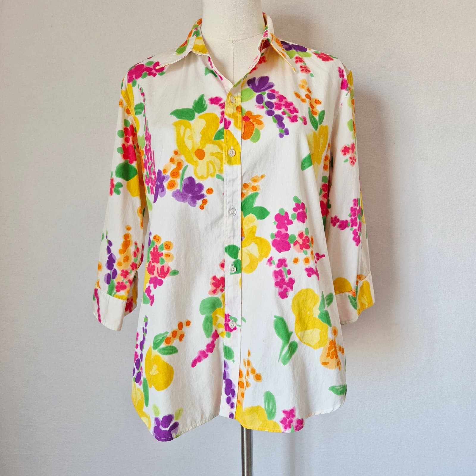 Ralph Lauren Black Label Floral Water Color Button-Up Shirt 3/4 Sleeve Bust 43"