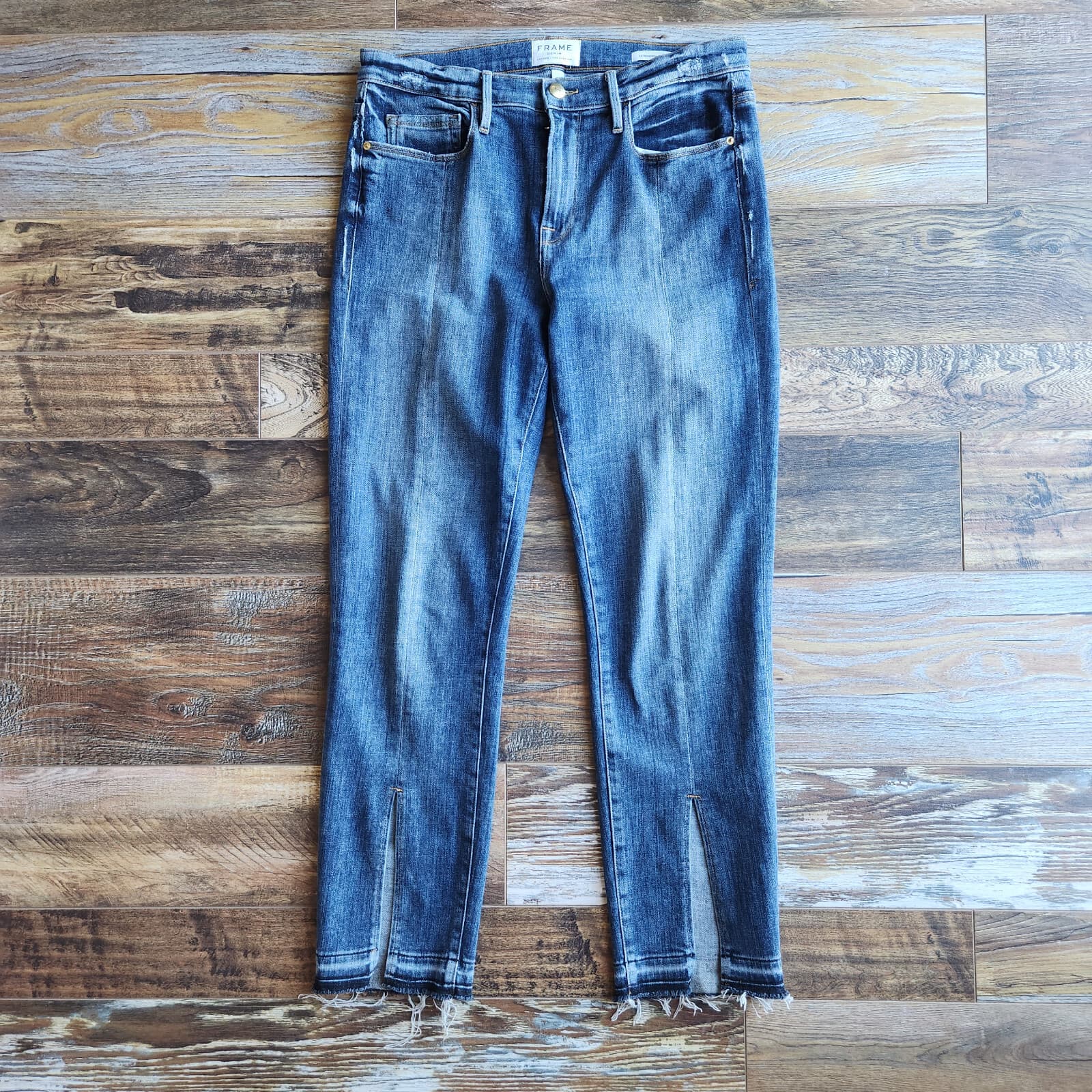 FRAME Le Nouveau Straight Slit- Raw Hem Jeans Zip Medium-Wash Blue Women's 29
