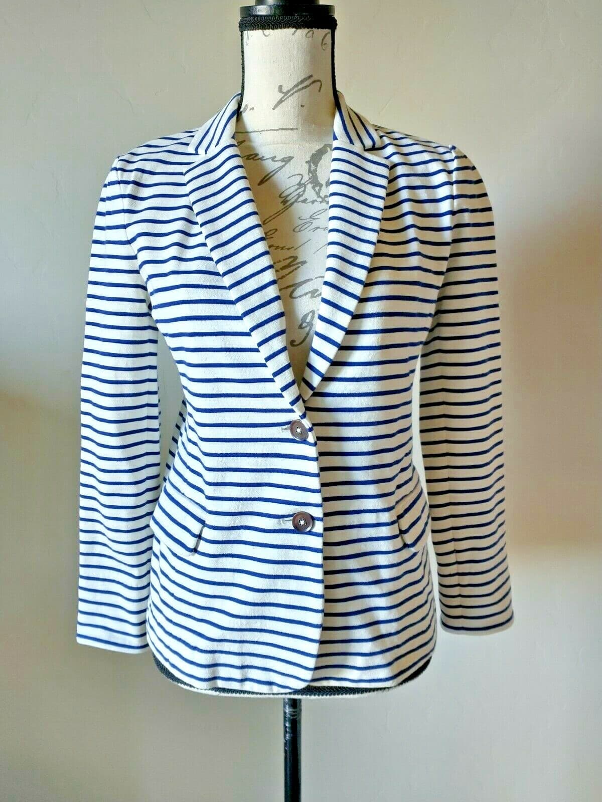 J.Crew Maritime Cotton Blend Knit Blazer Button Blue White Prep Stripe Sz.S