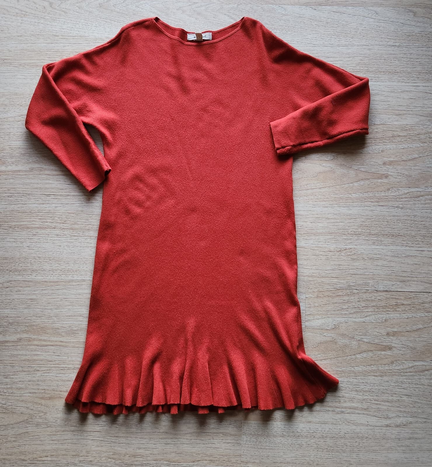 Meo Meli Ribbed Knit Ruffle Hem Midi Sweater Dress Long Sleeve Red One Size