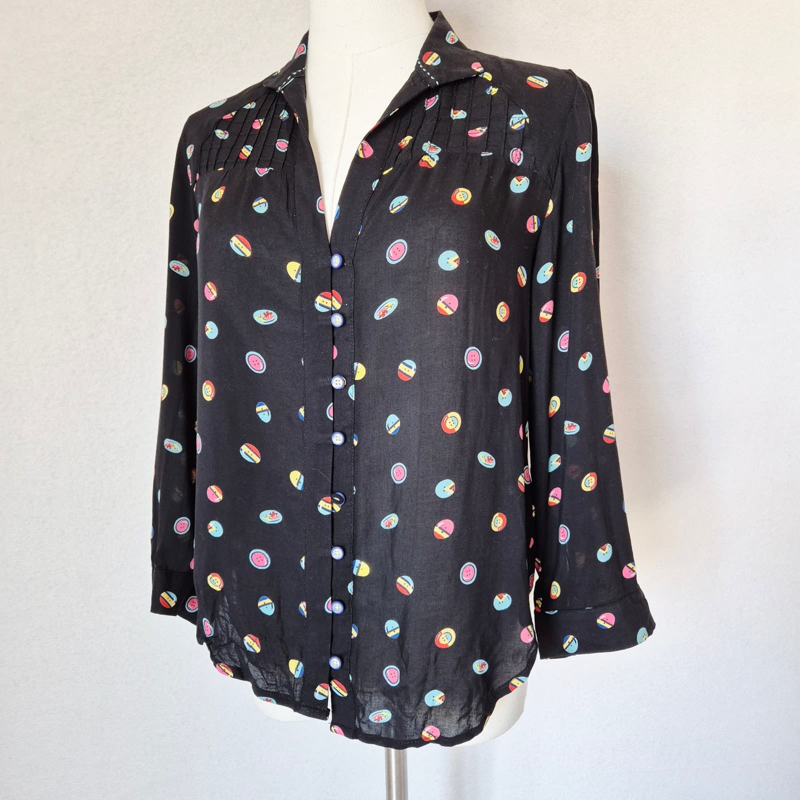 13 of 52 Conversations Anthropologie Button Printed Shirt 3/4 Sleeve Black Sz.0