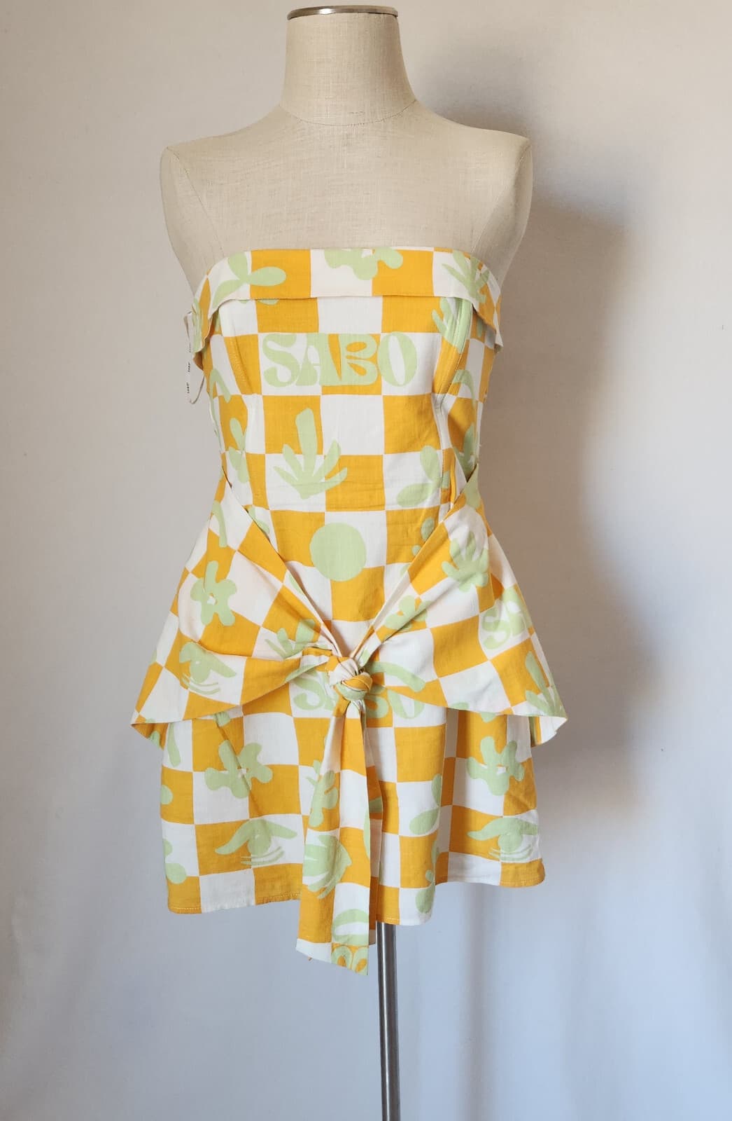 SABO Kingsley Checkerboard Bandeau Mini Summer Dress Tie-Front Cotton Yellow US8