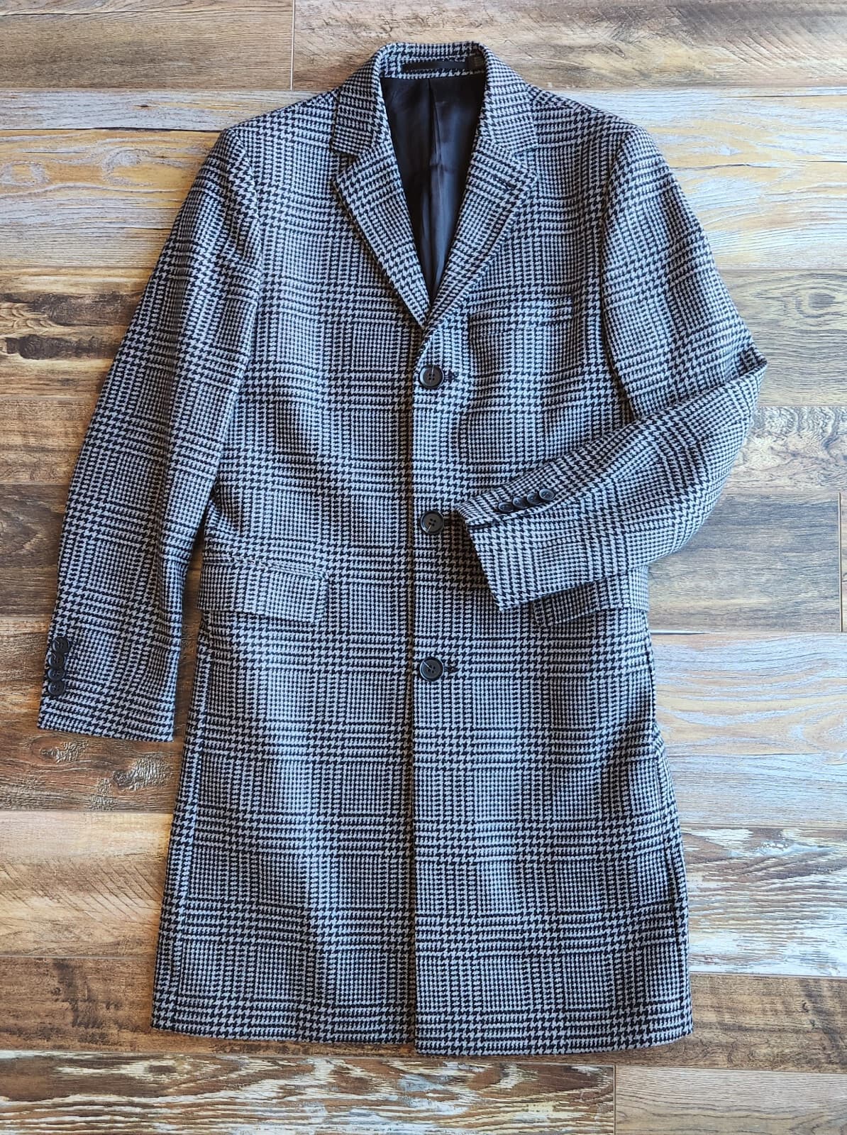 H&M Manteco Italian Wool Blend Hundstooth Check Long Coat Button Grey Men's 36R