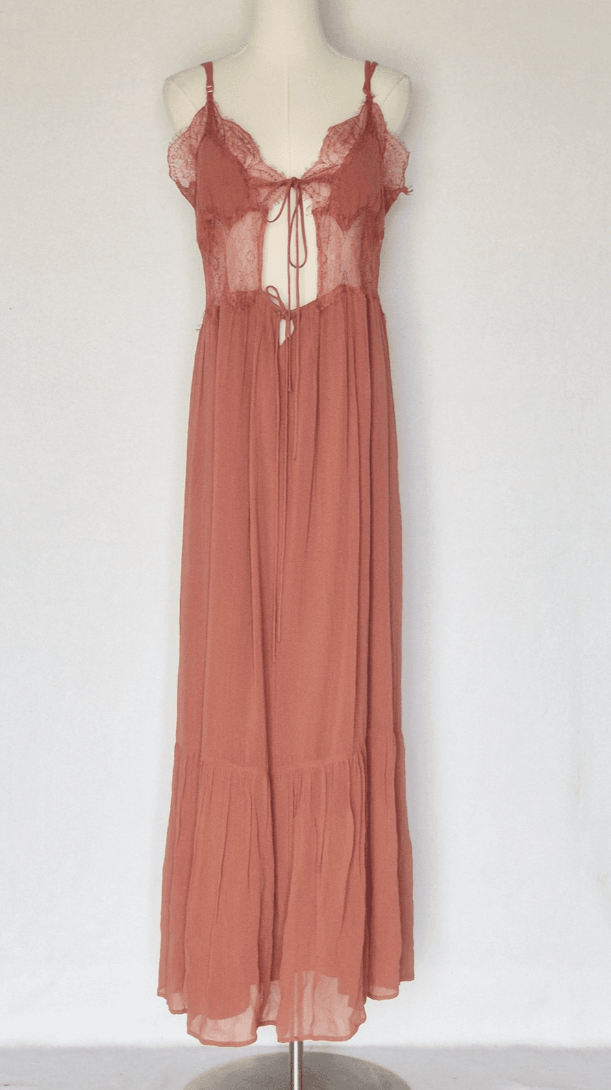 NEW Let Me Be Anthropologie Lace Trim Sleeveless Cutout Maxi Slip Dress Red Sz.S