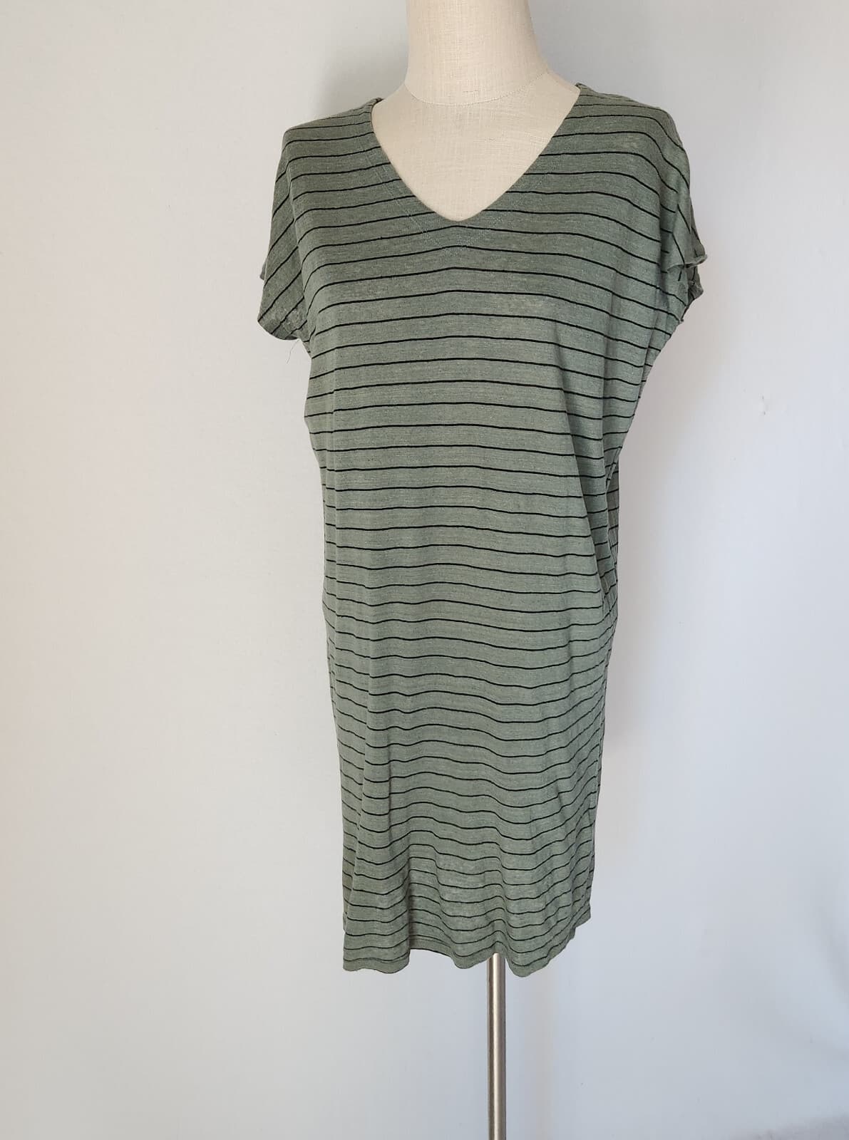EILEEN FISHER Organic Linen Striped Tunic Mini Dress Cap Sleeve V-Neck Green XXS