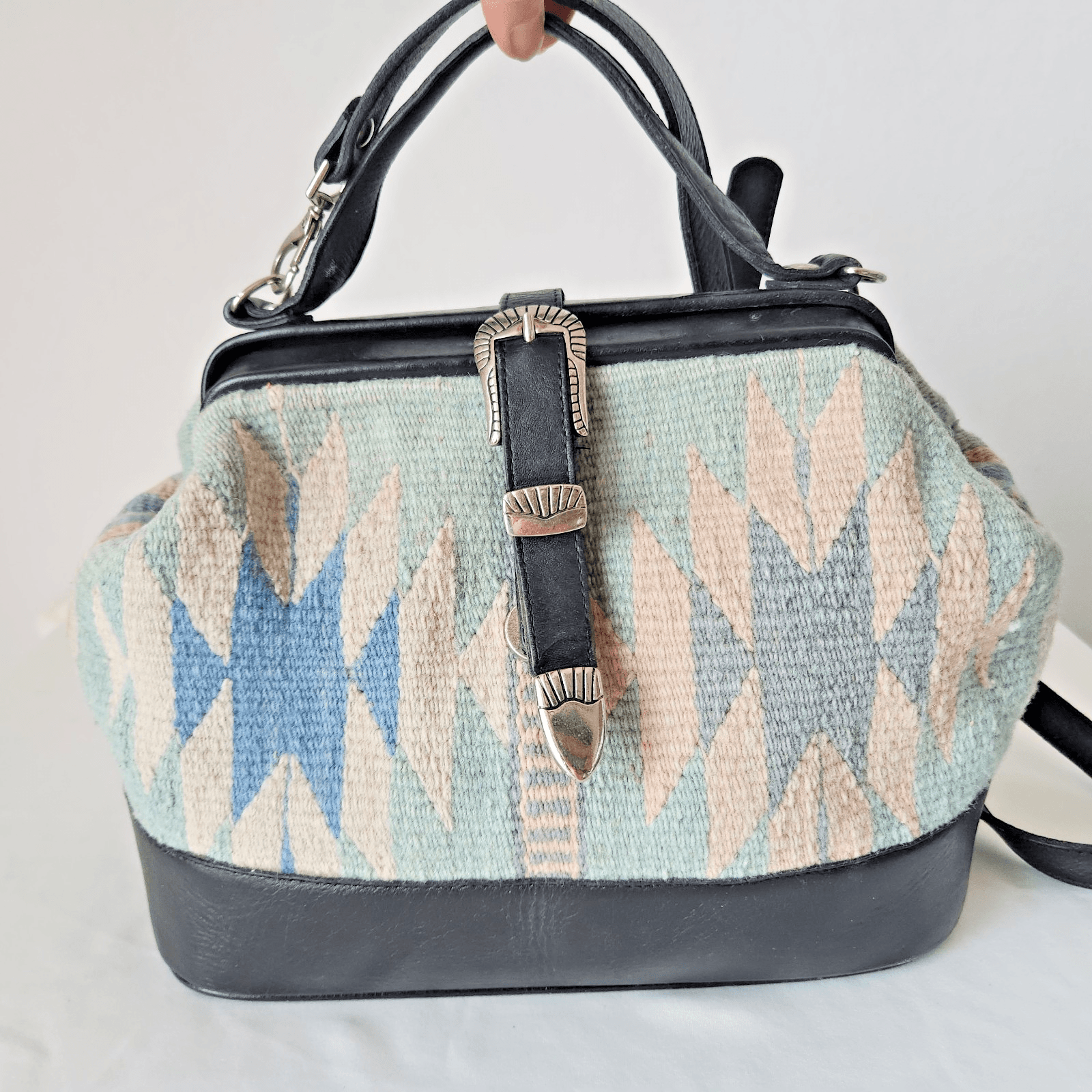Vintage Mexican Handcraft Leather Woven-Wool Carpet Southwest Satchel Handbag