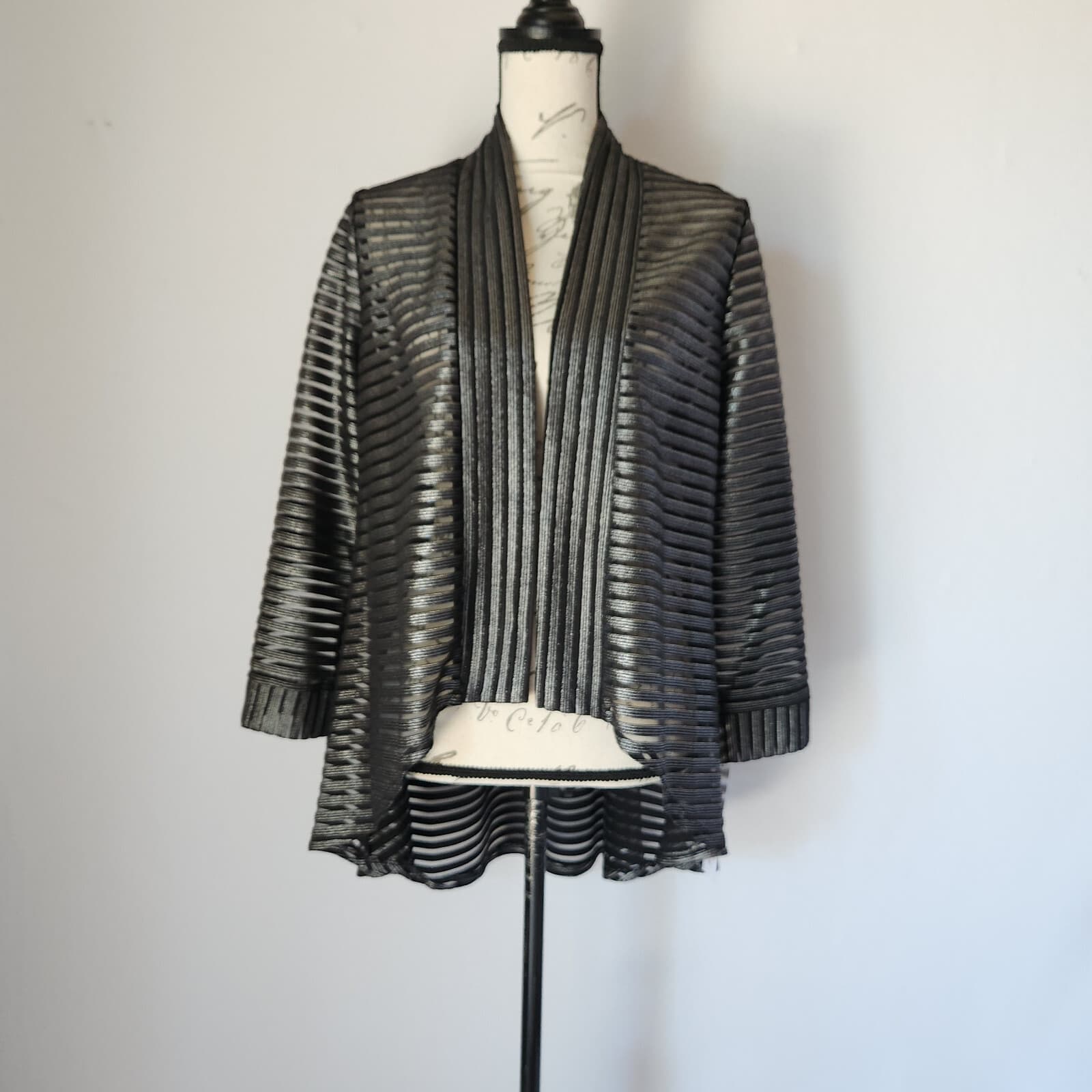 NWT IC by Connie K $128 Sheer Mesh Silver Striped Open Jacket Hi-Low Black Sz.M