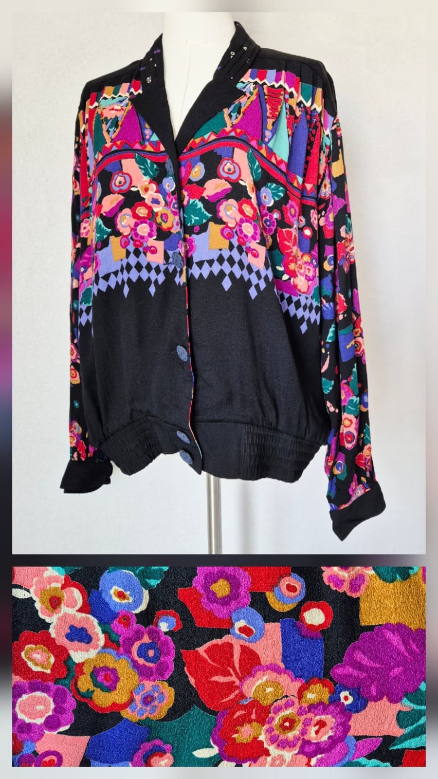 Vintage NWT Carole Little USA Floral Jacket Button Pocket Black Rayon Women's 12