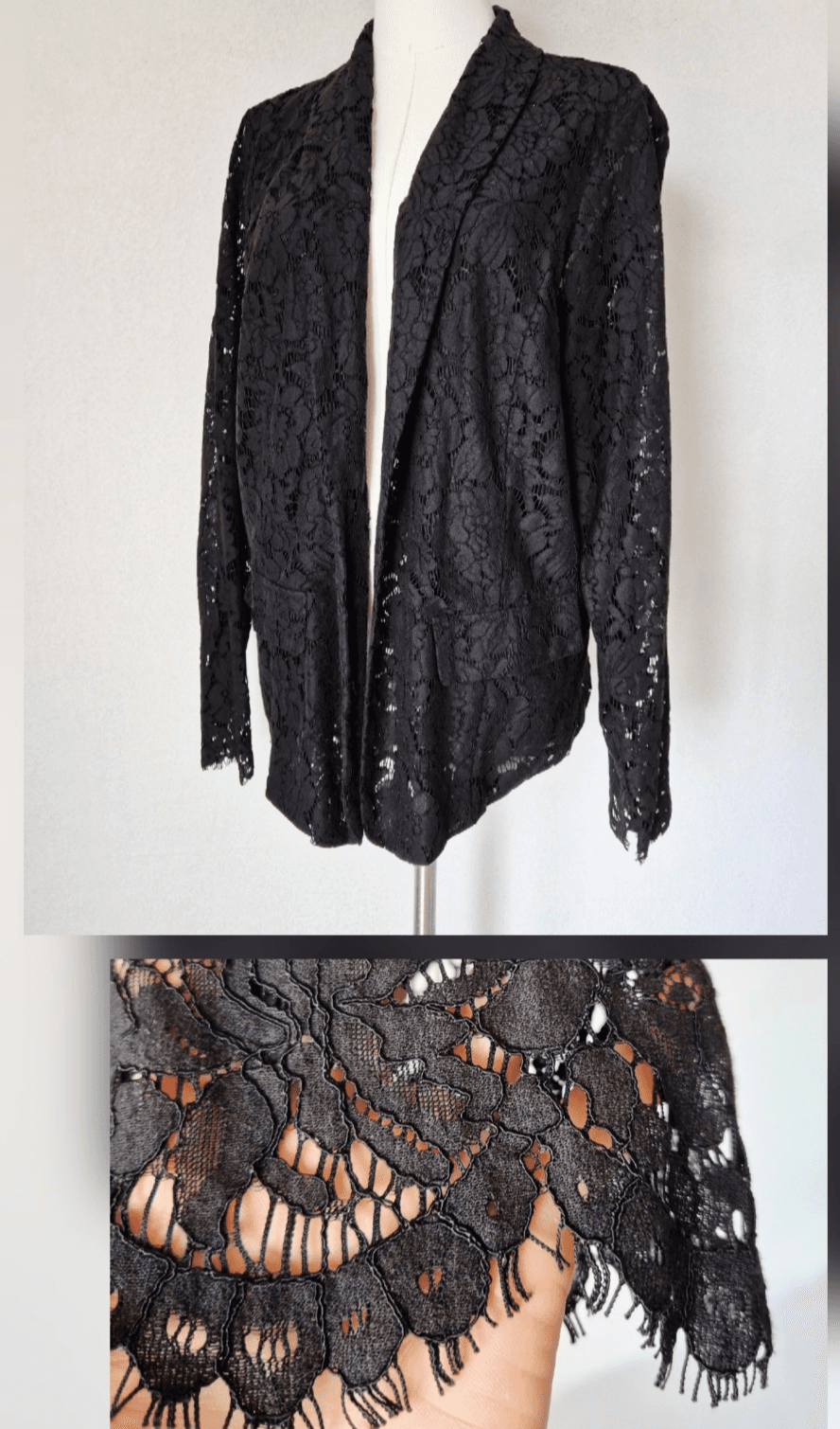 TORRID Sheer Lace Blazer Shawl Collar Open Front Body Lined Black Women's 2 (2X)