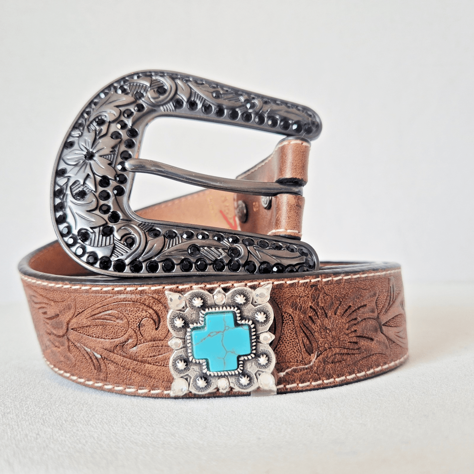 ARIAT Women's S Western Belt Embossed-Leather Turquoise Rhinestone-Accent Buckle