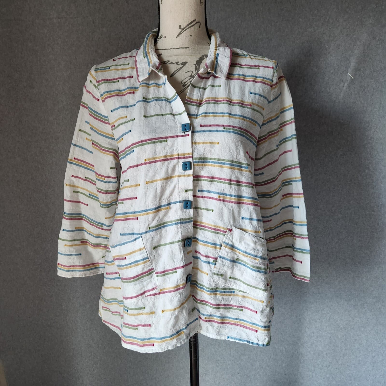 Habitat Stripe Top Button-Down Pocket Short Sleeve Stretch Multicolor Women S