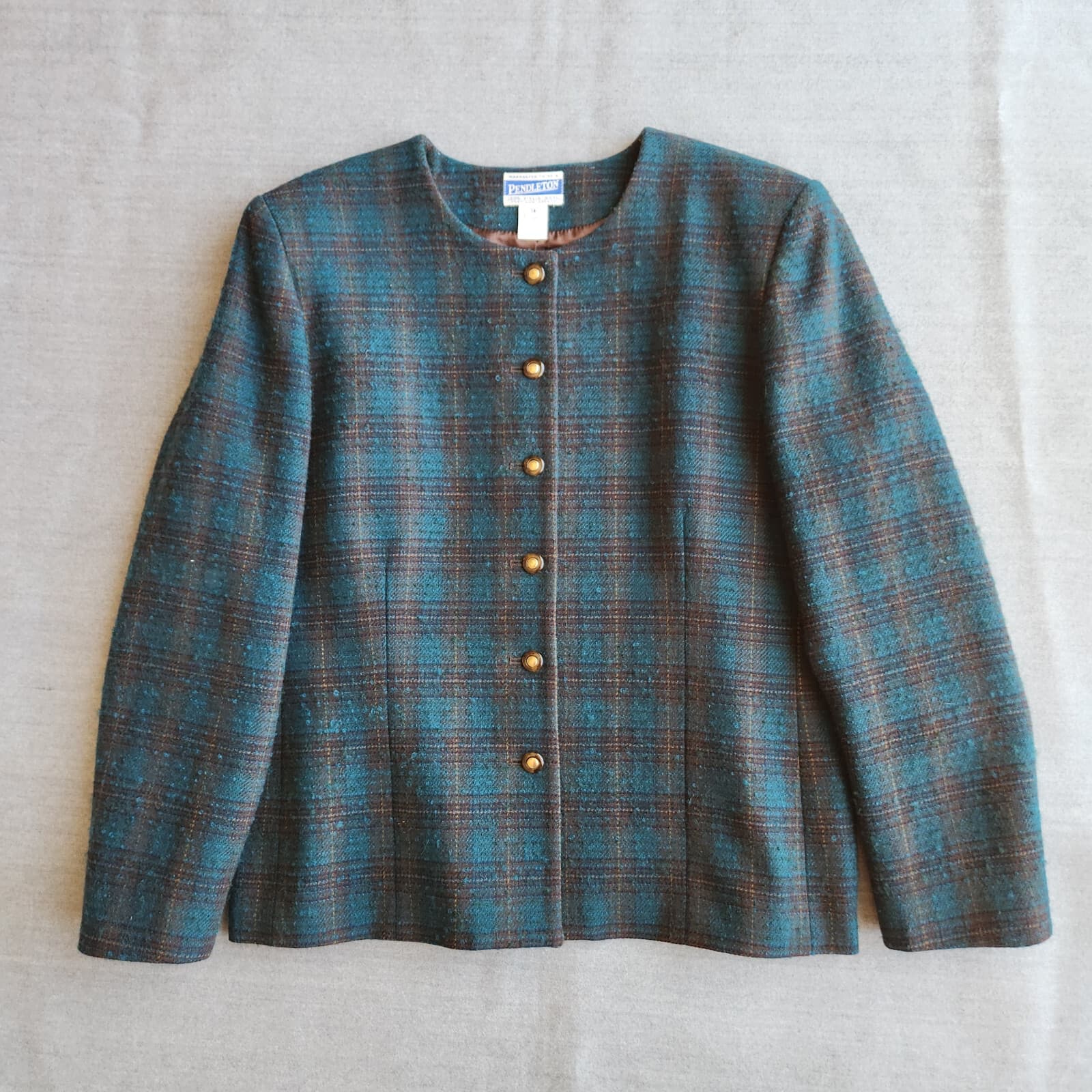 Vintage'90s Pendleton USA Wool Atomic Fleck Jacket Button Blue Green Plaid Sz.14