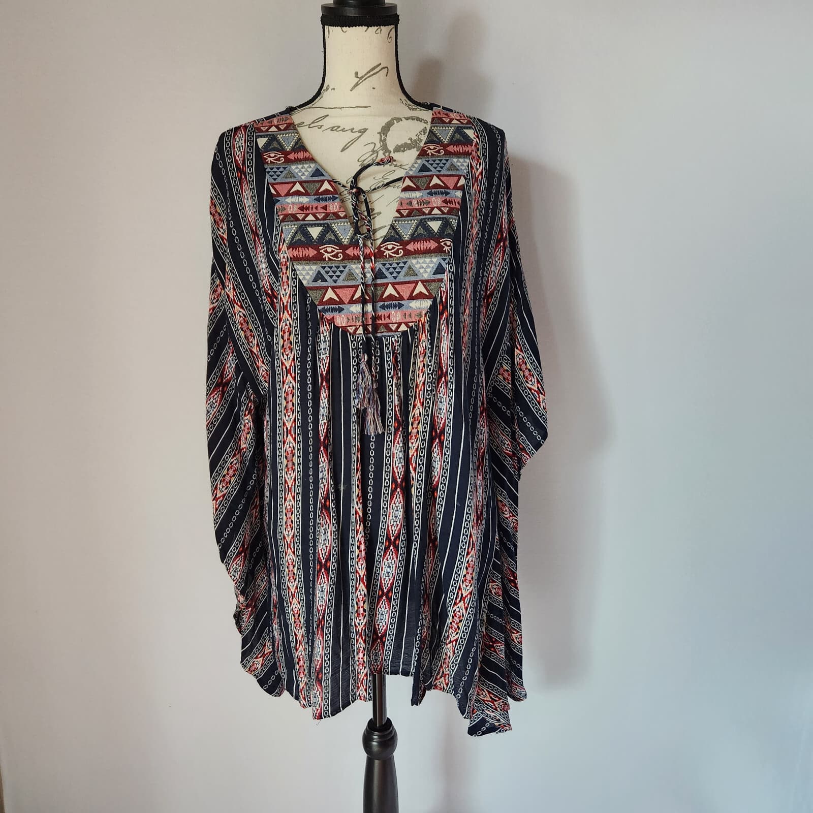 Umgee Aztec Southwest Butterfoy Sleeve Top Tassel Cotton Blend Multicolor Sz.M/L