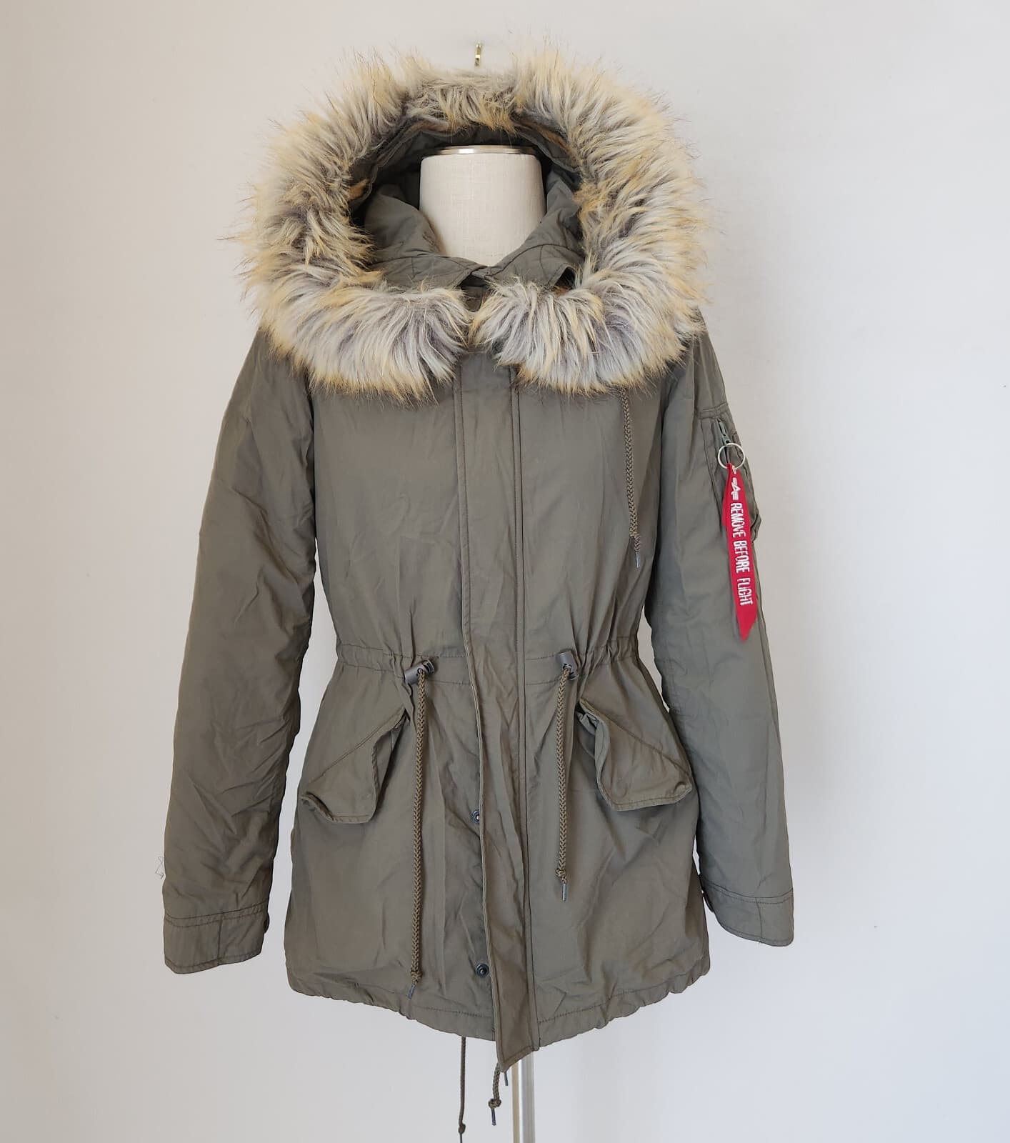 Alpha Industries J-4 Impact Fishtail Parka Jacket Faux Fur Hood Green Women's XS