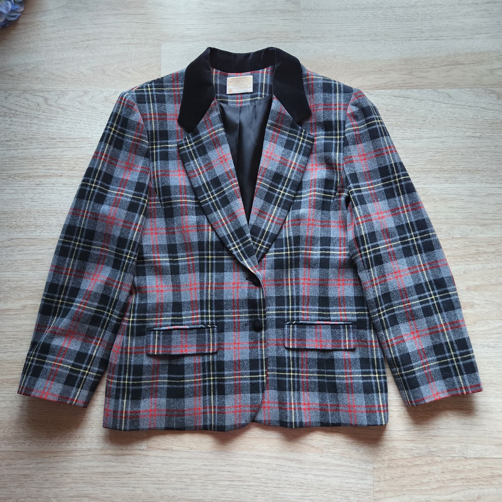 Vintage'50s Pendleton Wool Plaid Blazer Velvet-Collar Multicolor Women 18 USA