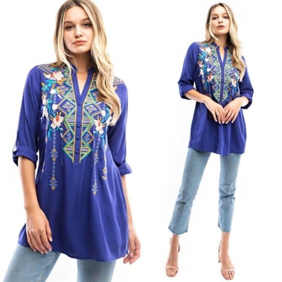 EUC LUNA MOON Embroidered Tunic Top Roll Tap Sleeve 100% Rayon Blue Women Sz.M
