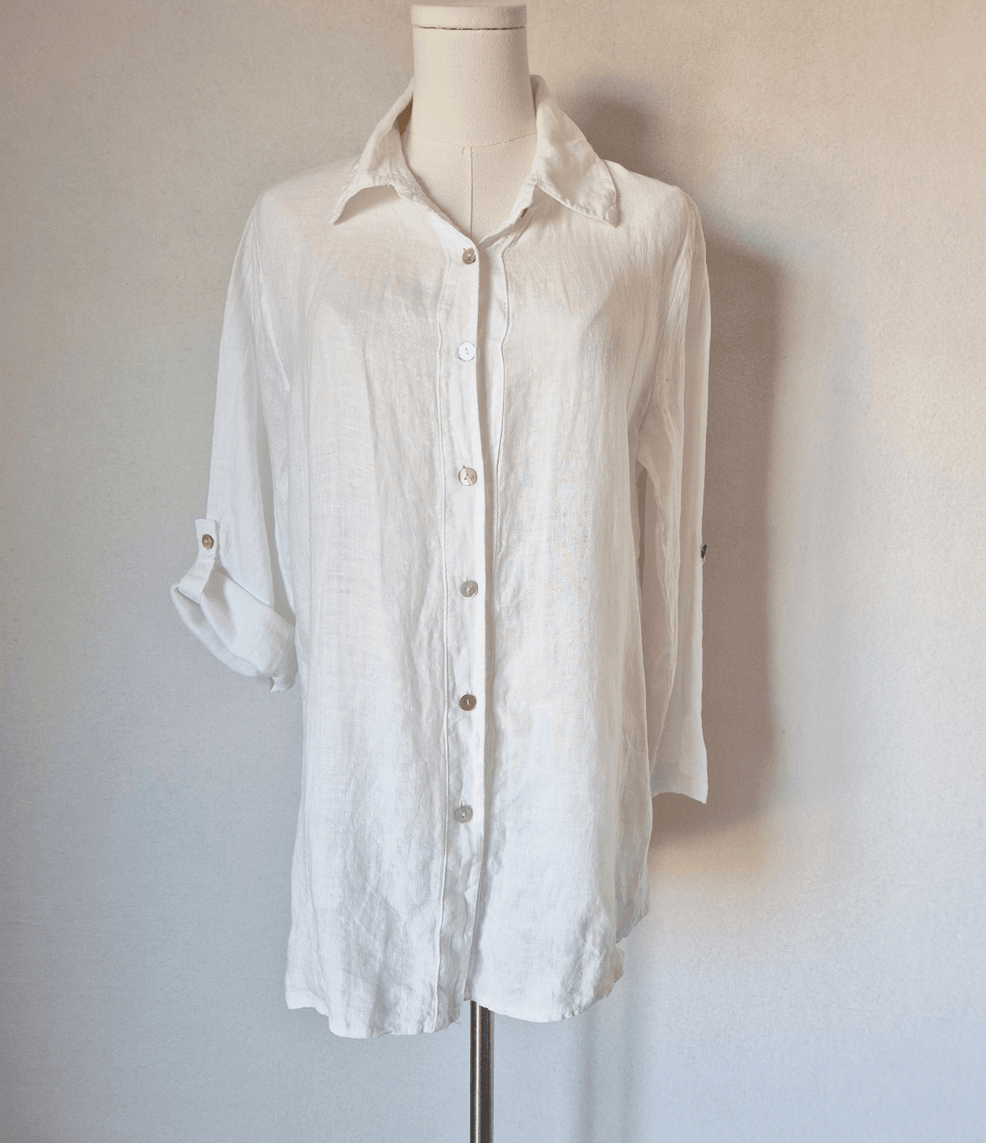 Lungo L'Arno Made in Italy Linen Pearl Button Shirt Roll Tap Sleeve White Sz.L